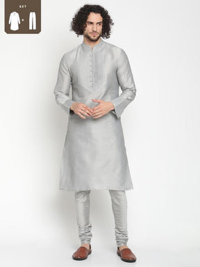 Men Grey Banarasi Kurta With Churidar Pyjama