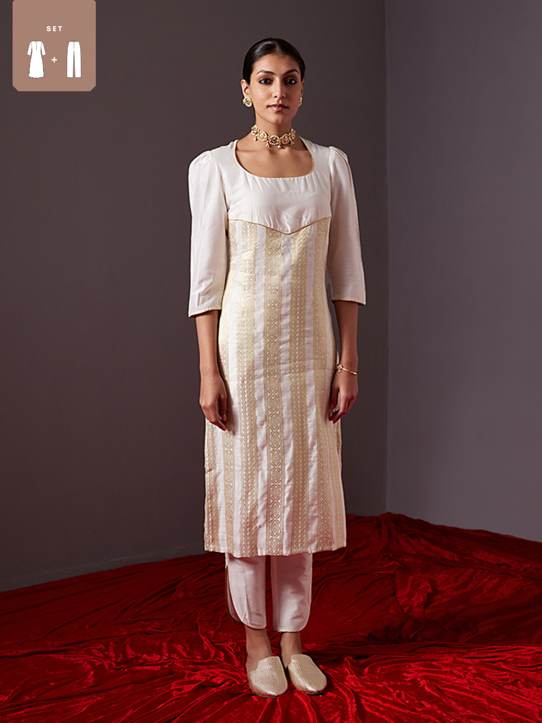 Scoop neck banarasi zari straight kurta with Curved U-hem pants