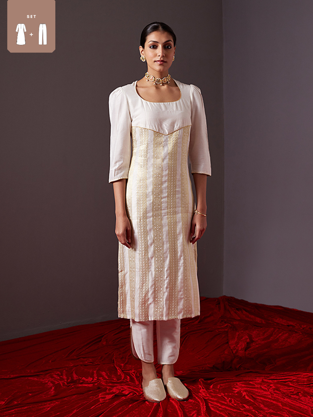 Scoop neck banarasi zari straight kurta Set