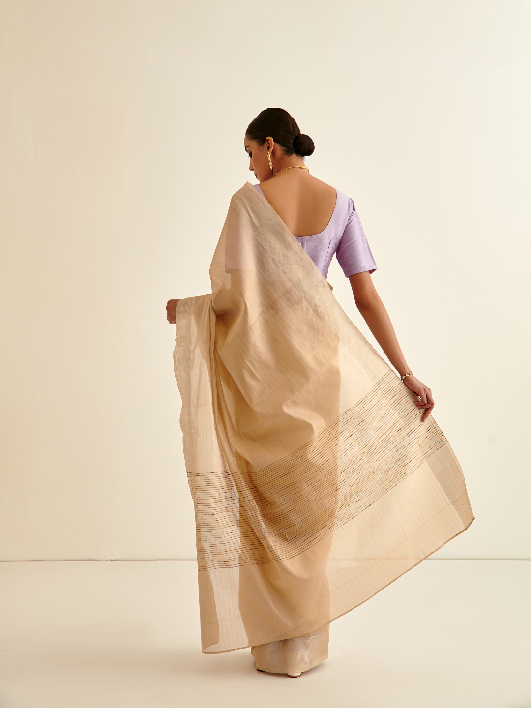 Banarasi Woven sari with silver zari border - Buttermilk