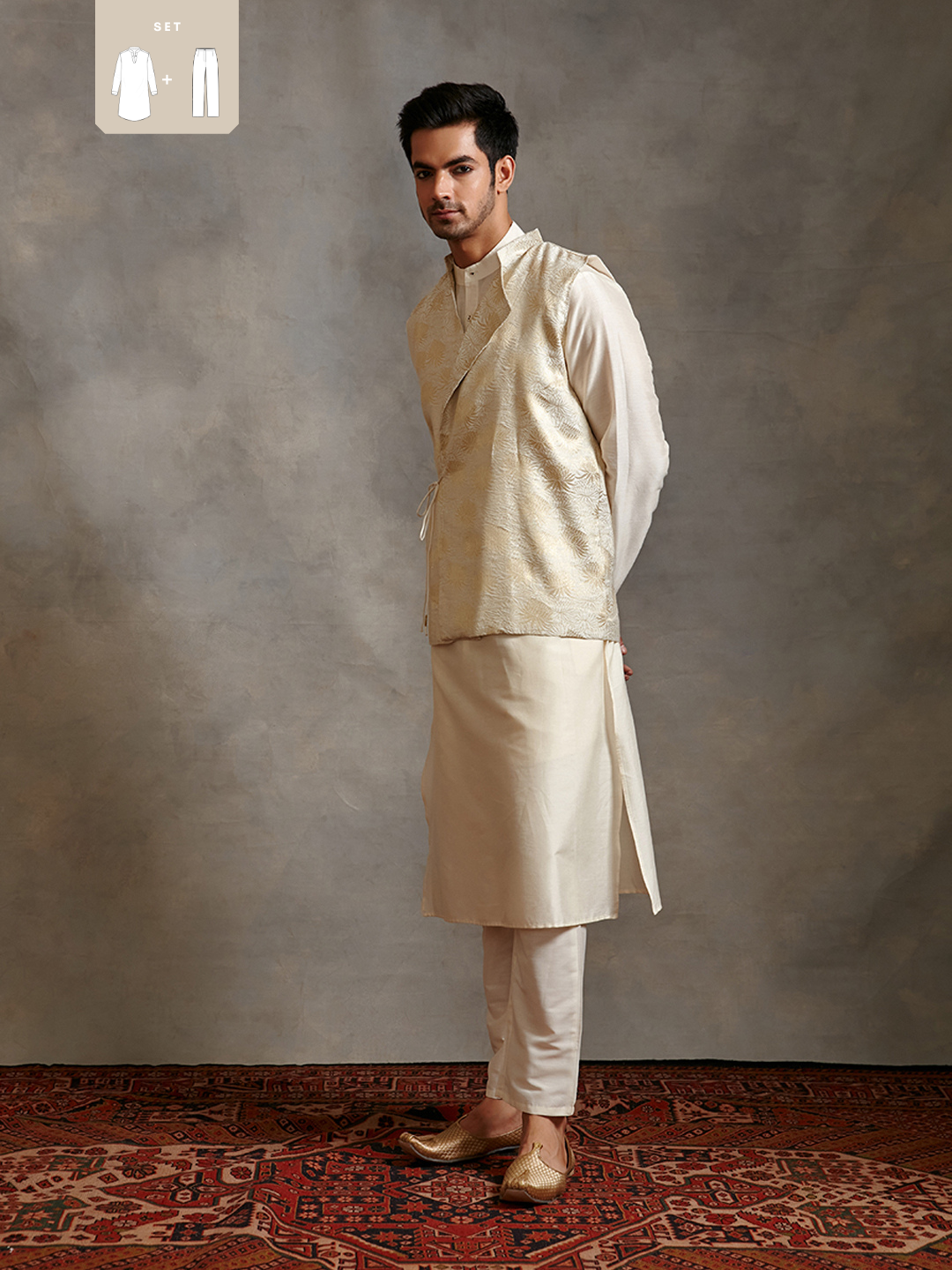 Banarasi kurta with overlapped zari jacket & straight pants-Ivory
