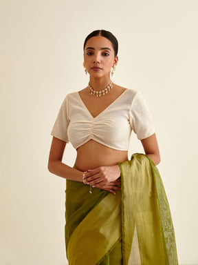 Banarasi blouse with gold piping - Soft white