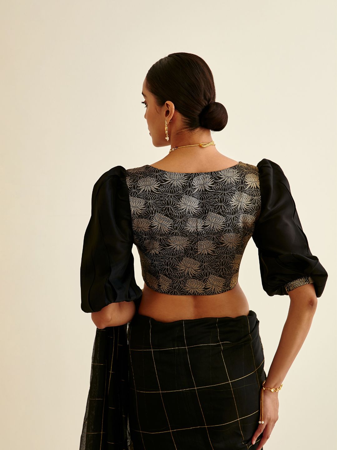 Upatta silk blouse with puff sleeves-Metallic black
