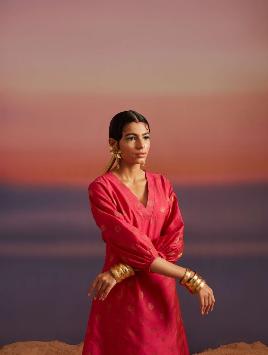 Paradise-Pink A-Line Banarasi Kurta