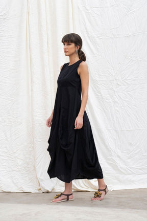 Midnight-Black Mangalgiri Cotton Cowl Dress