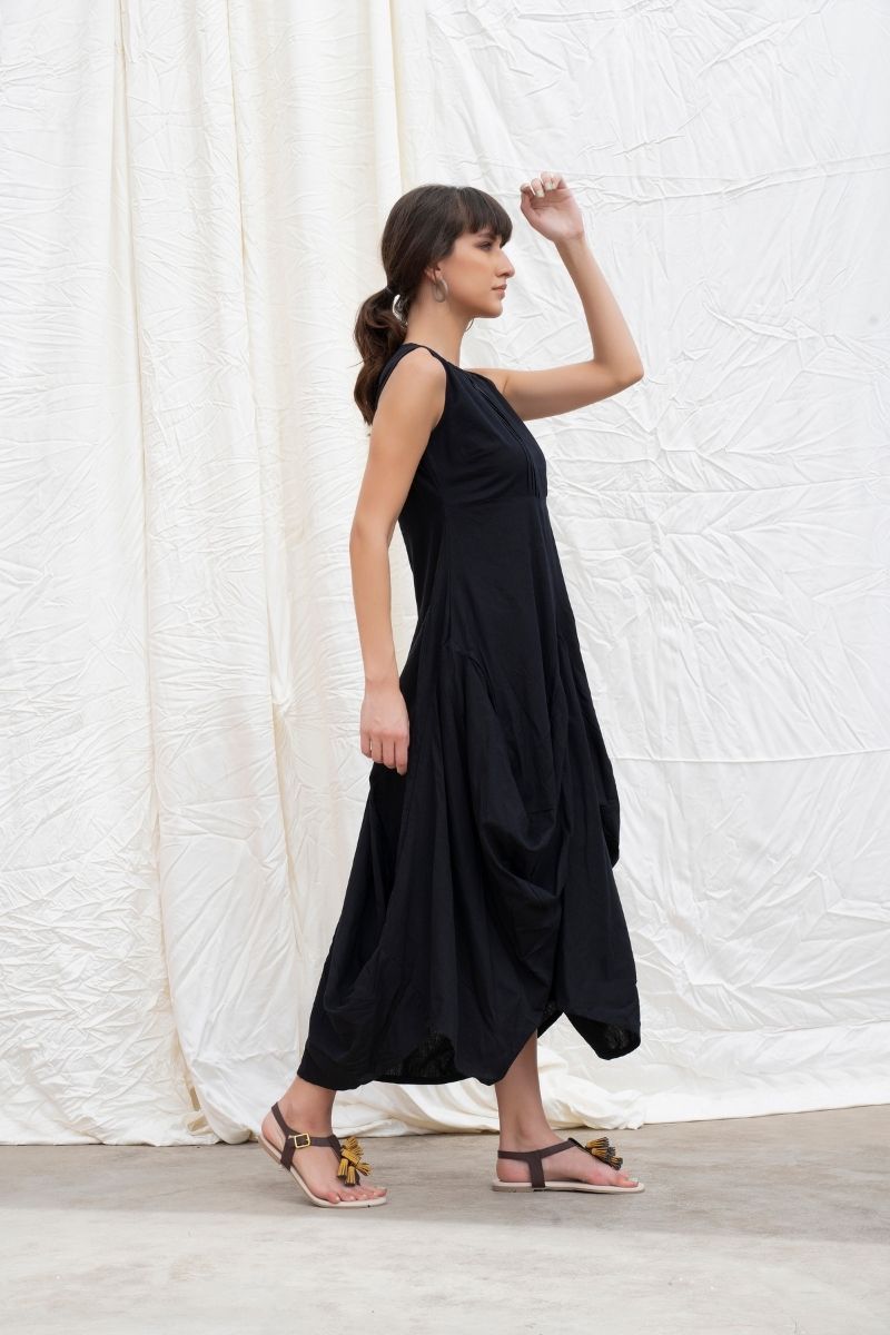 Midnight-Black Mangalgiri Cotton Cowl Dress