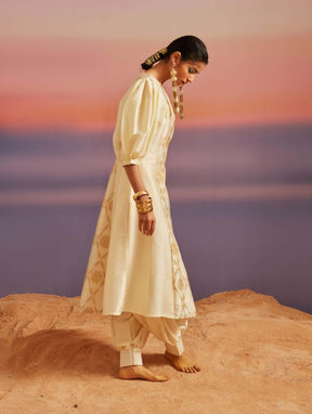 Cloud Cream Banarasi Boat-Neck Kurta Set With Pants