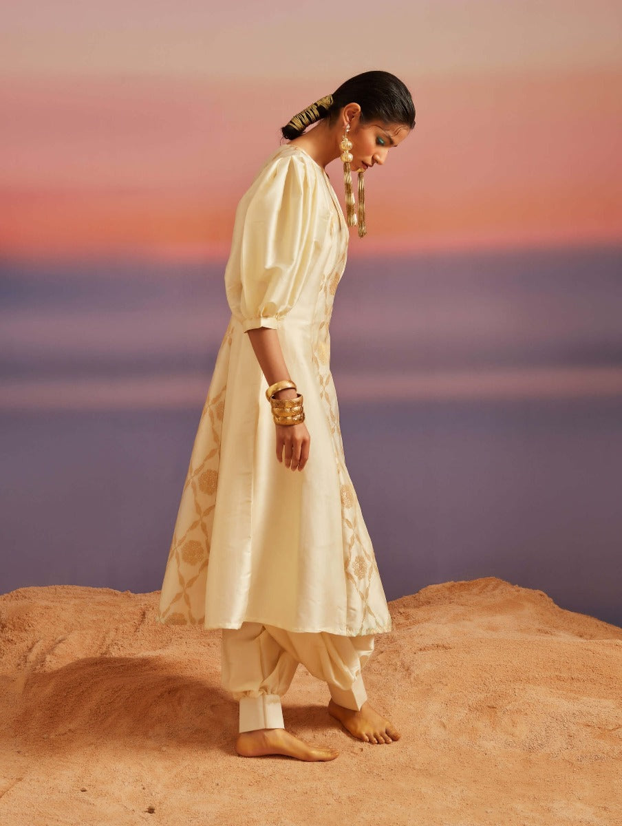 Cloud Cream Banarasi Boat-Neck Kurta Set With Pants