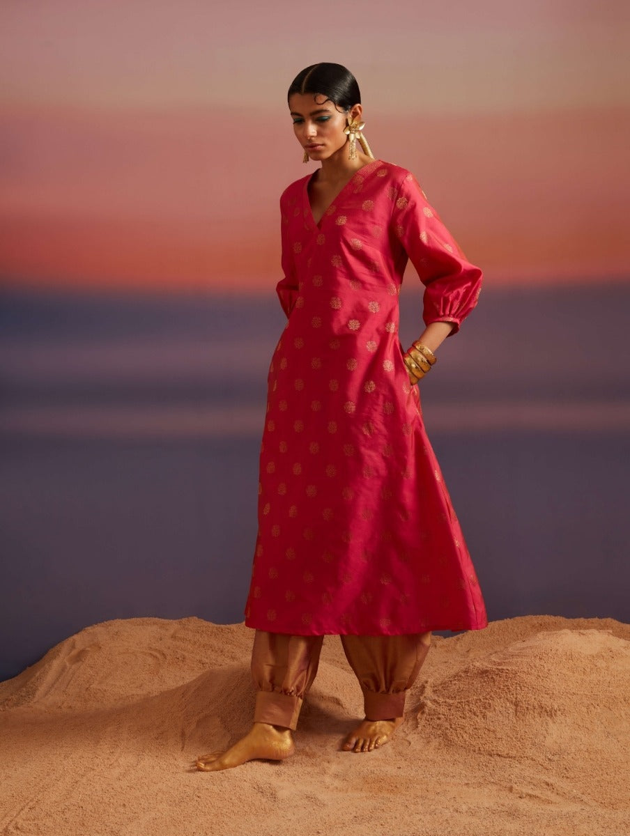 Paradise-Pink A-Line Banarasi Kurta