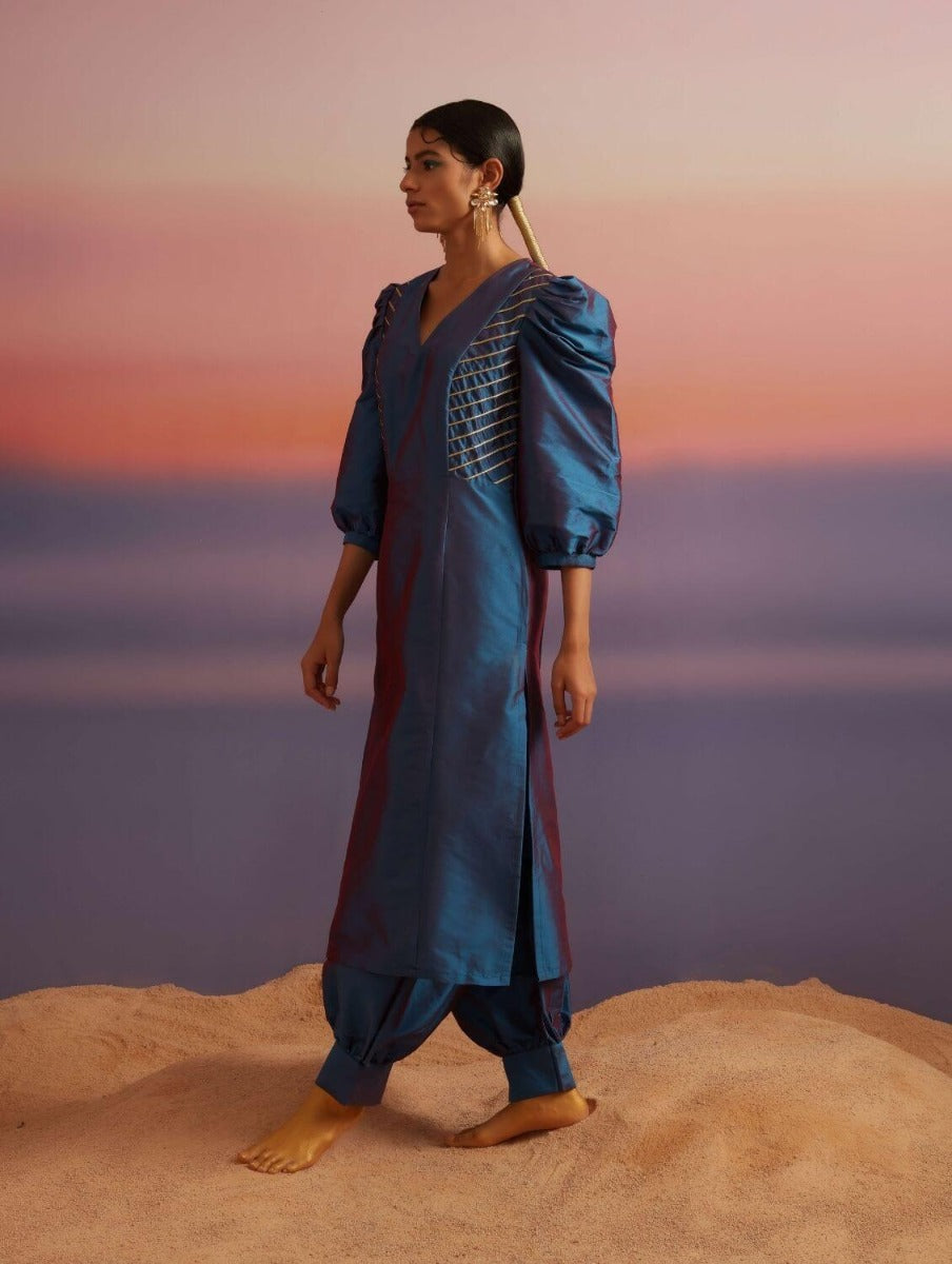 Blue Quartz Banarasi Straight Kurta With Afghani Pants