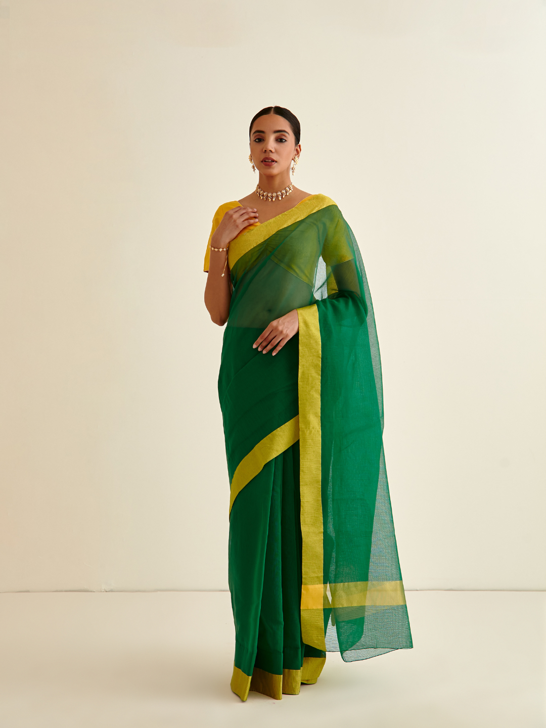 Banarasi woven sari with contrasting border- Slimy Green