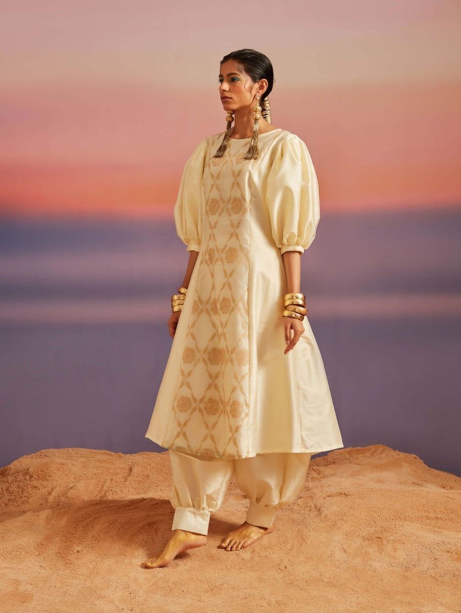Cloud Cream Banarasi Boat-Neck Kurta Set With Pants