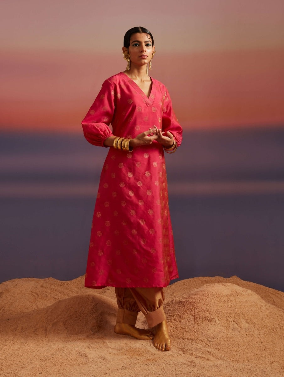 Paradise-Pink A-Line Banarasi Kurta