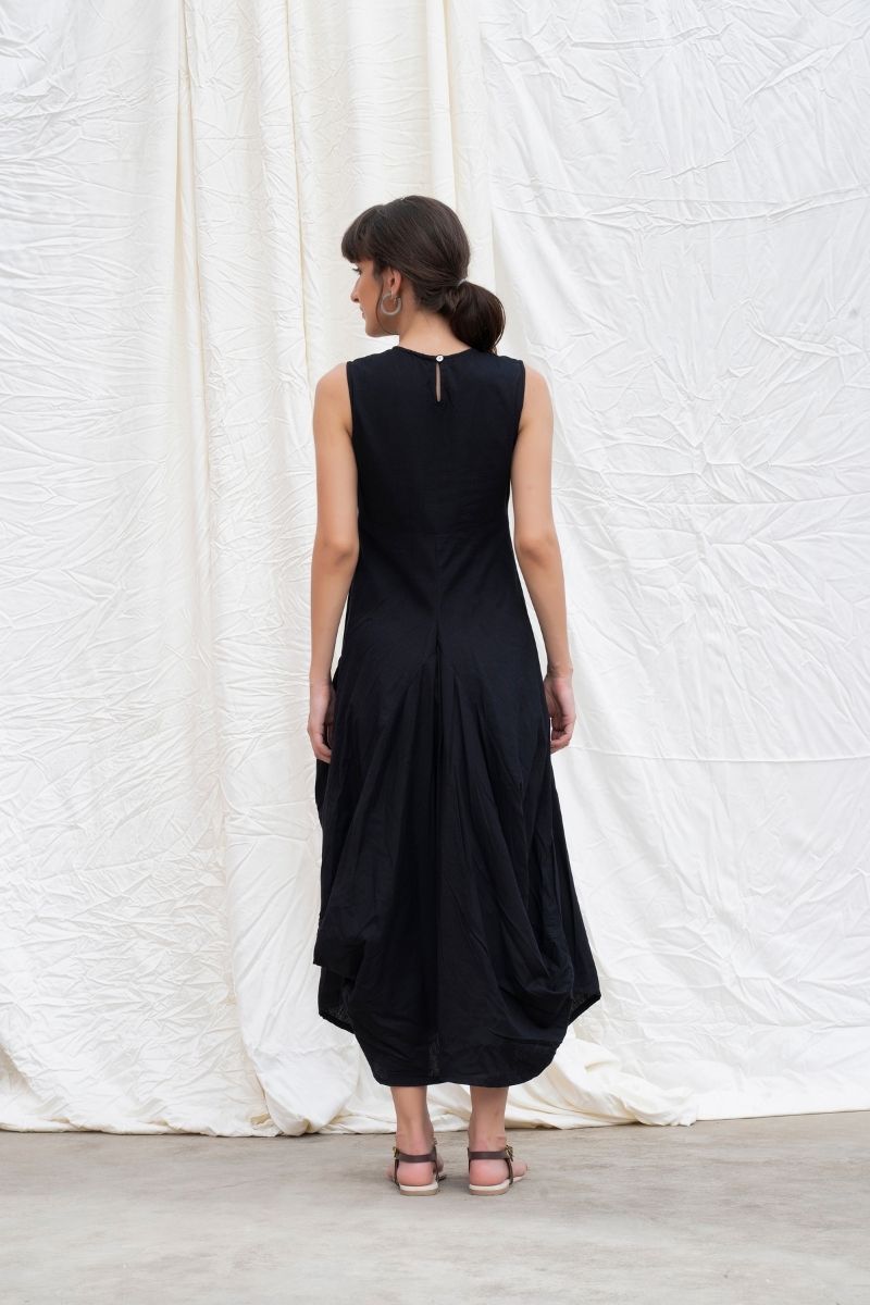 Midnight-Black Mangalgiri Cotton Cowl Dress