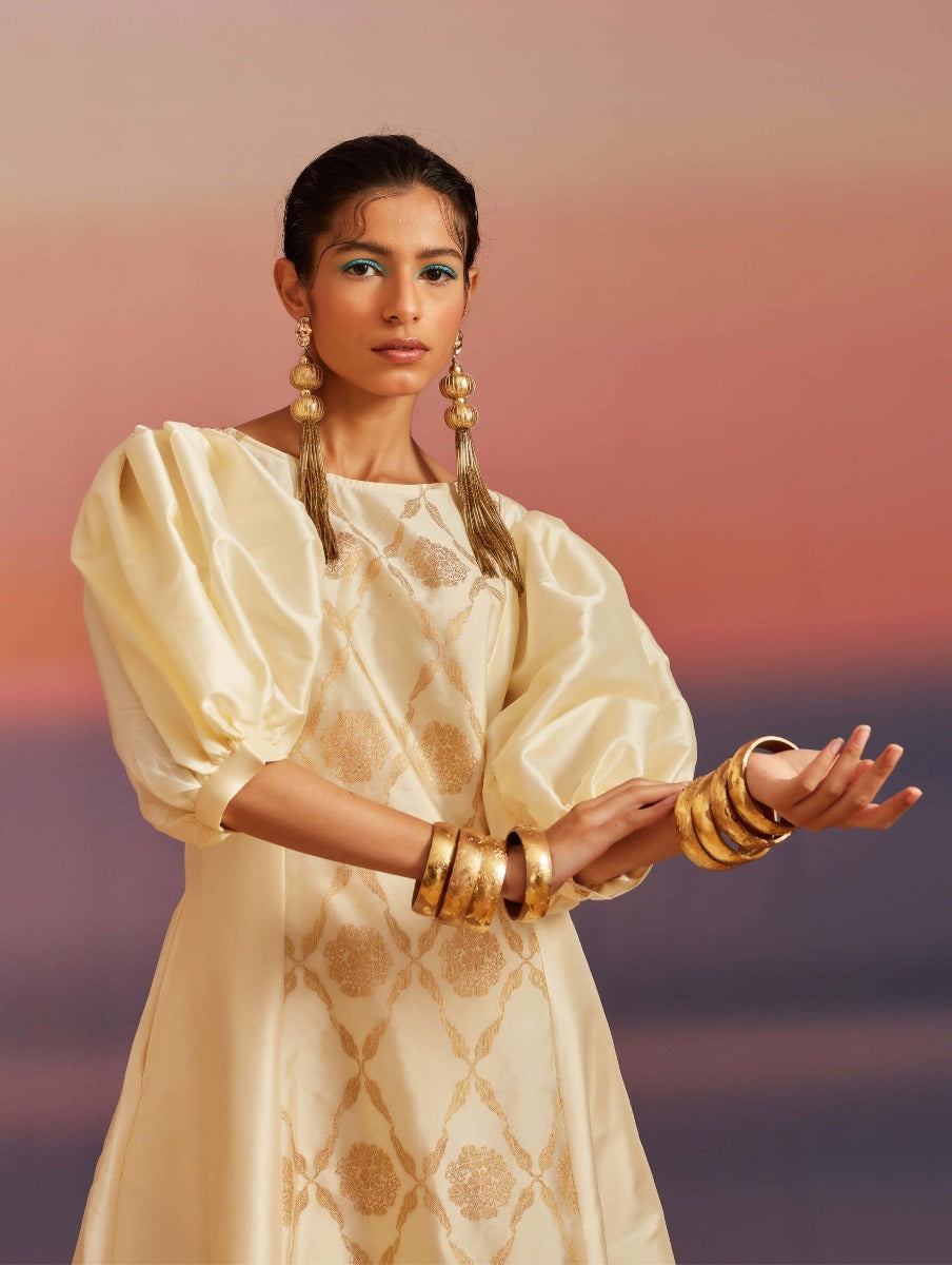 Cloud Cream Banarasi Boat-Neck Kurta Set With Pants