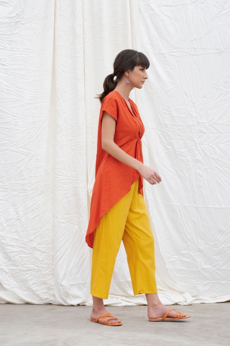 Orange Rust Mangalgiri High-Low Tunic With Pants