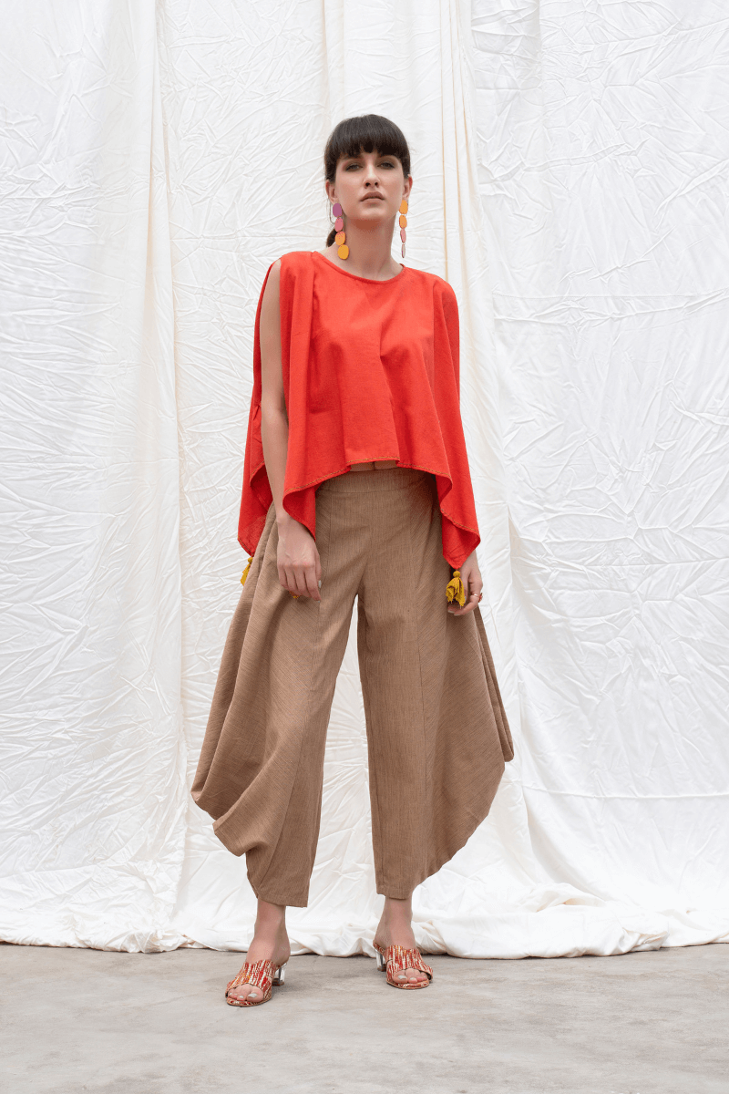 Orange Rust Mangalgiri Handkerchief Top With Dhoti