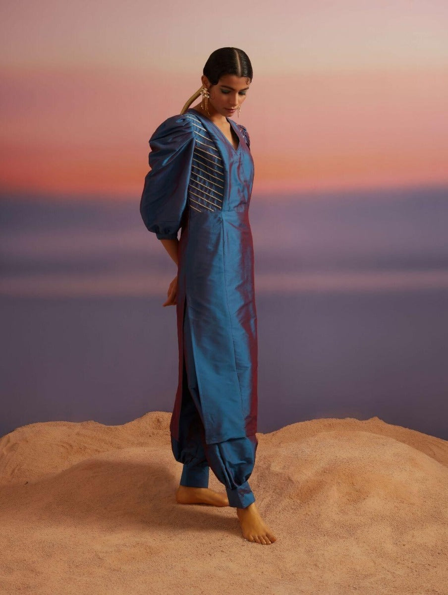 Blue Quartz Banarasi Straight Kurta With Afghani Pants