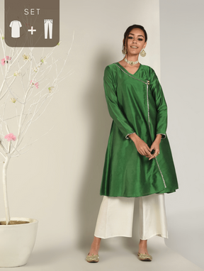Abhishti Cotton Silk Lace Lined Angrakha Layered Kurta Set