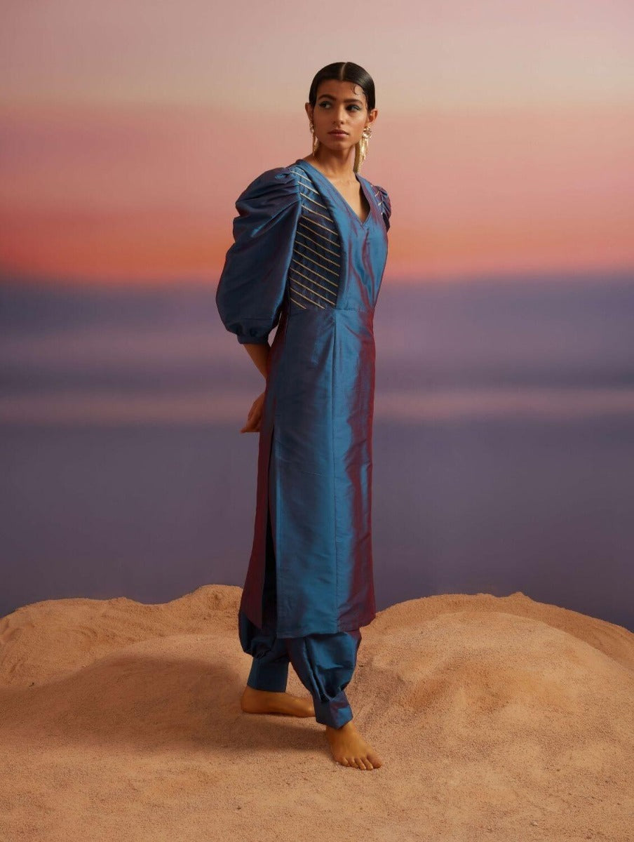 Blue Quartz Banarasi Straight Kurta With Afghani Pants