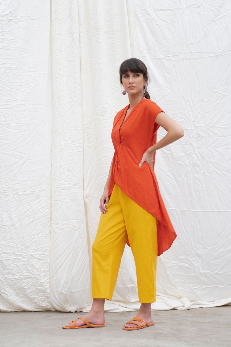 Orange Rust Mangalgiri High-Low Tunic With Pants