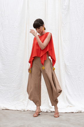 Orange Rust Mangalgiri Handkerchief Top With Dhoti