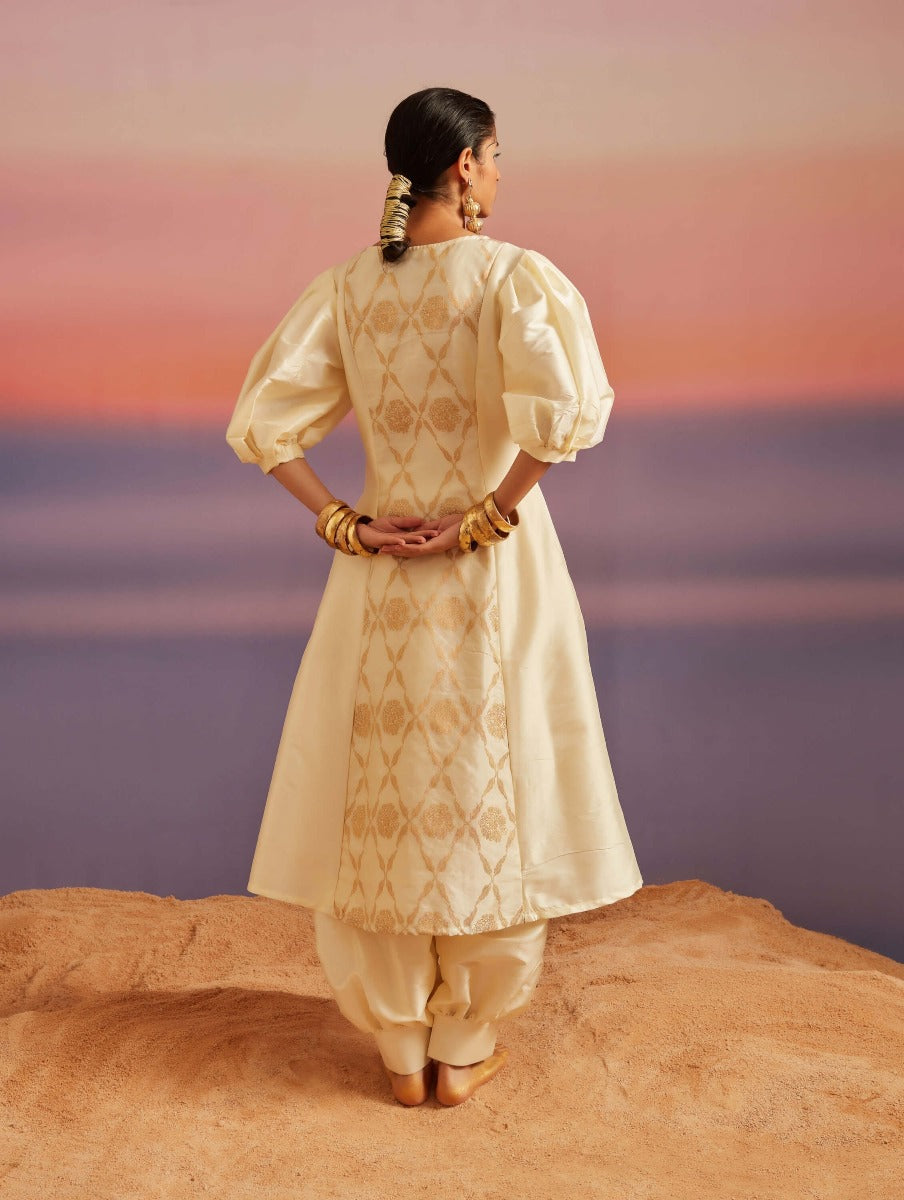Cloud Cream Banarasi Boat-Neck Kurta Set With Pants