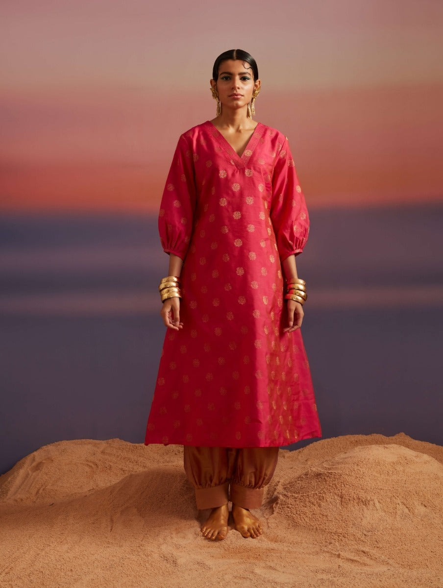 Paradise Pink Banarasi A-Line Kurta With Pathani Pants
