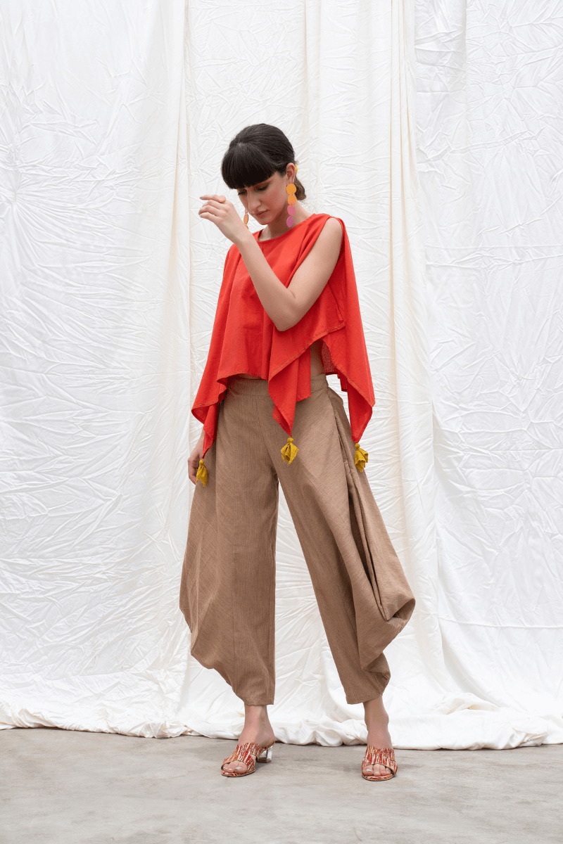 Orange Rust Mangalgiri Handkerchief Top With Dhoti