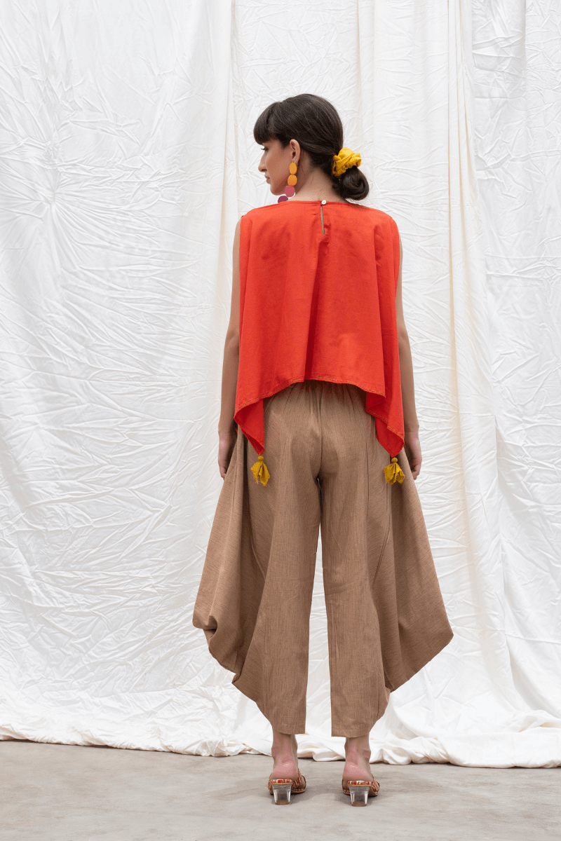 Orange Rust Mangalgiri Handkerchief Top With Dhoti