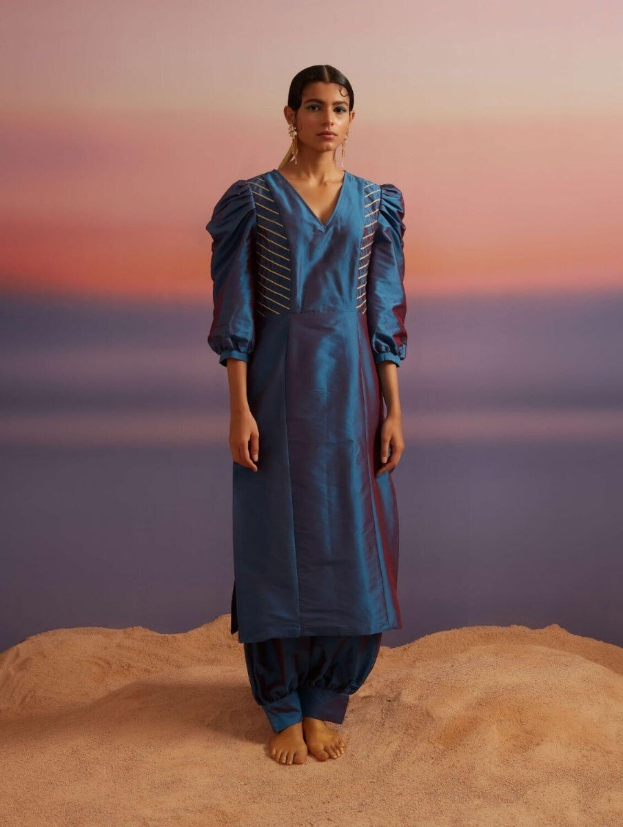 Blue Quartz Banarasi Straight Kurta With Afghani Pants