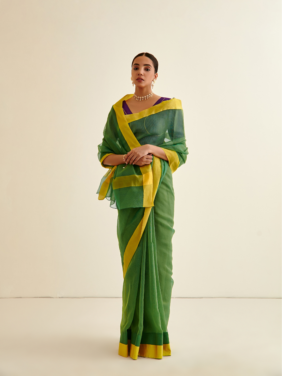 Banarasi woven sari with contrasting border- Hunter Green