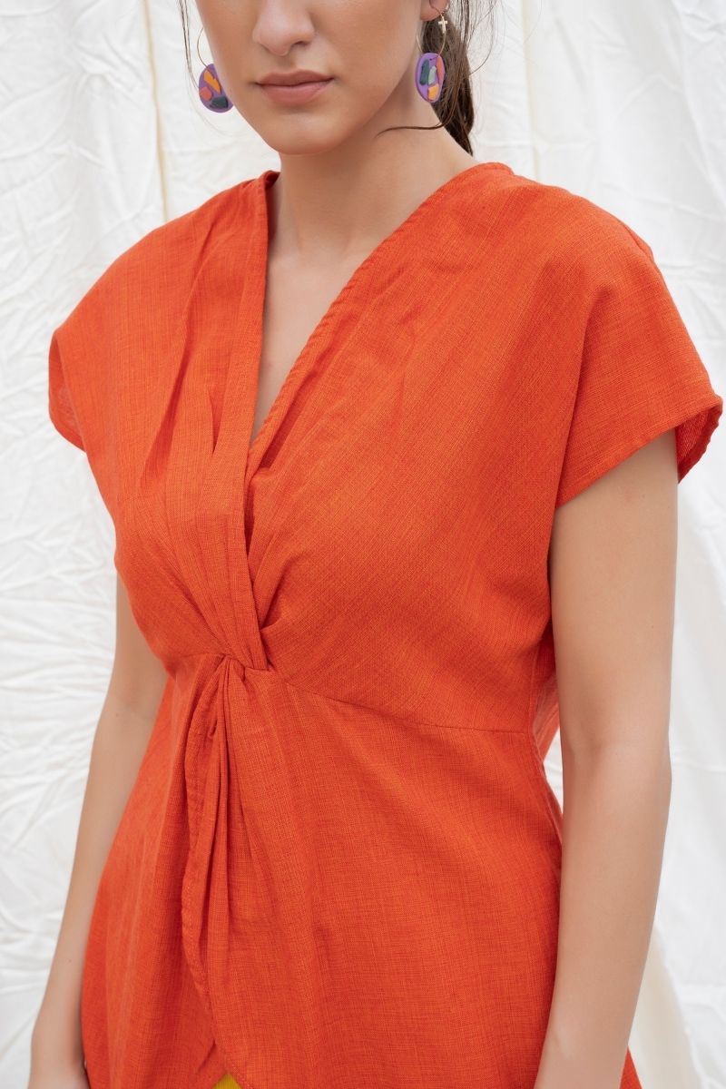 Orange Rust Mangalgiri High-Low Tunic With Pants