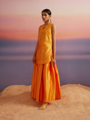 Coral Orange Banarasi Sleeveless Kurta With Palazzo