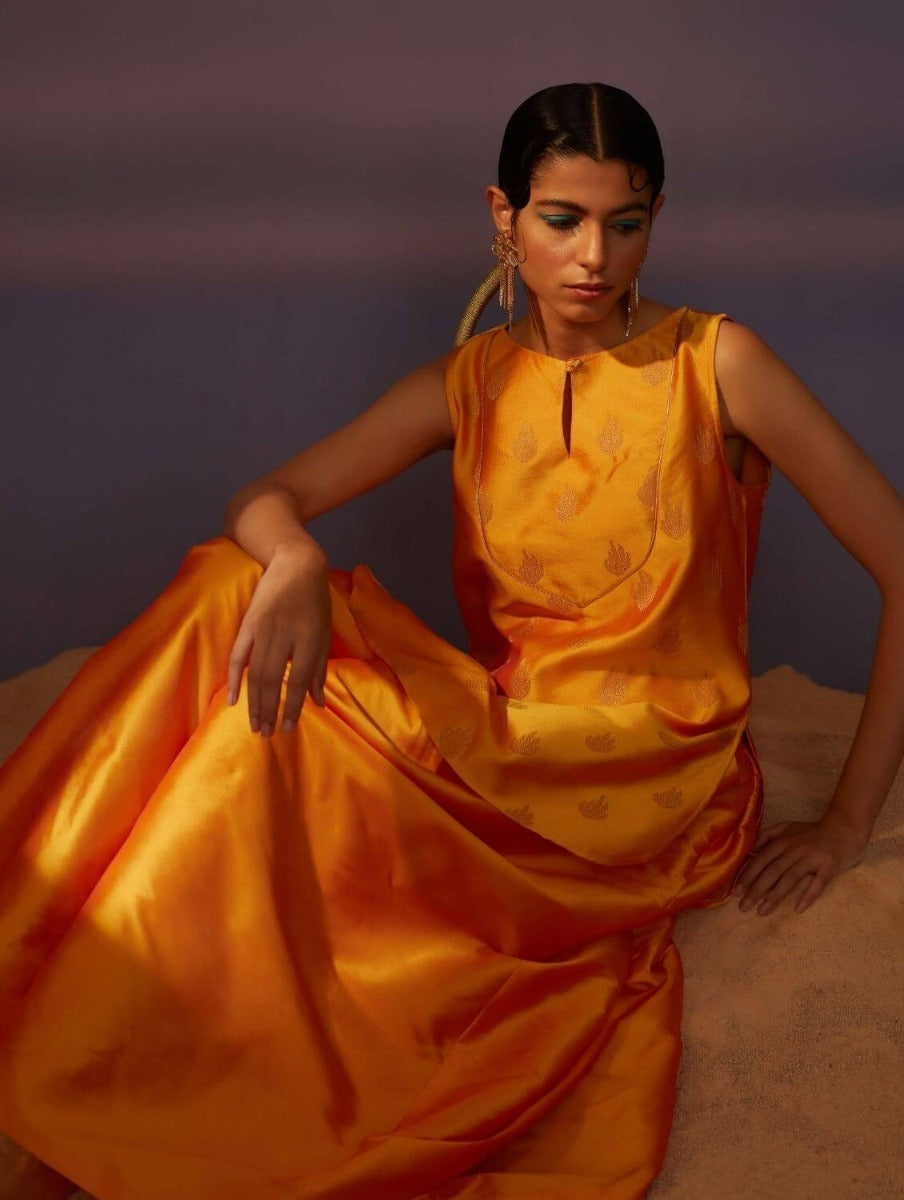 Coral Orange Banarasi Sleeveless Kurta With Palazzo