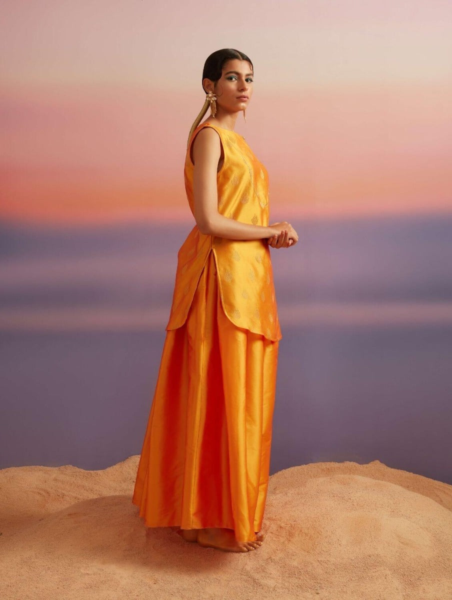 Coral Orange Banarasi Sleeveless Kurta With Palazzo