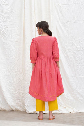 Punch Pink Mangalgiri Gathered Kurta With Pants