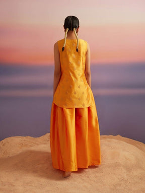 Coral Orange Banarasi Sleeveless Kurta With Palazzo