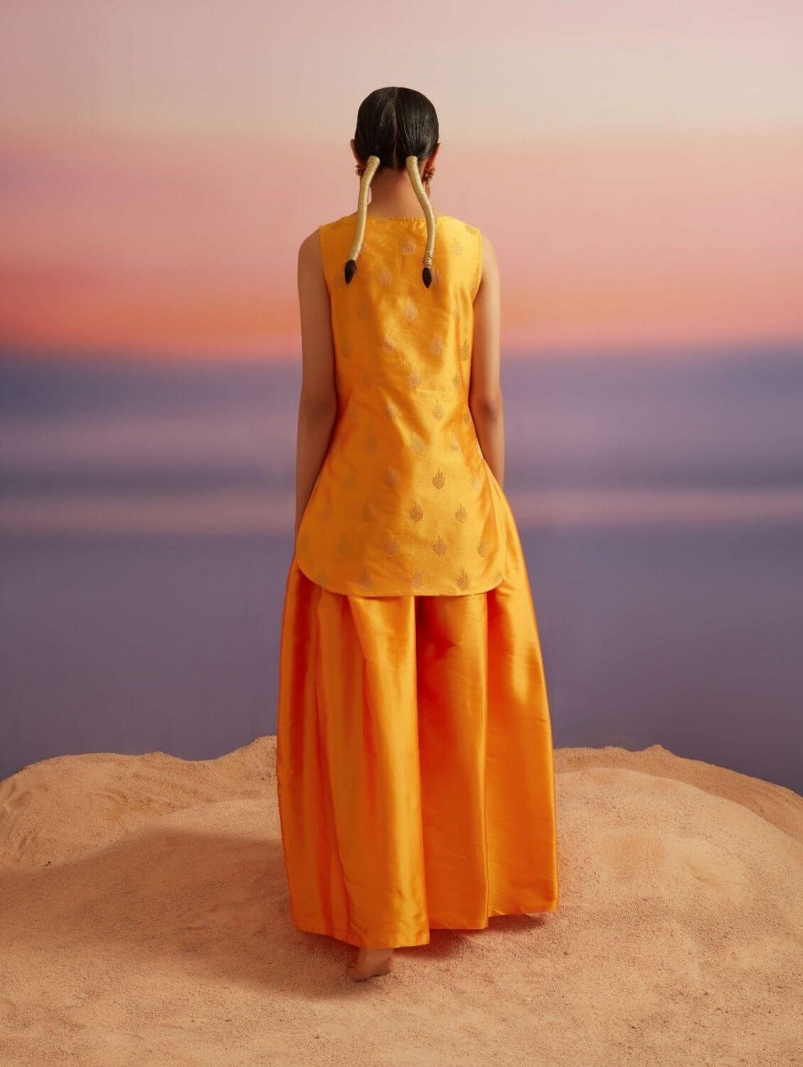 Coral Orange Banarasi Sleeveless Kurta With Palazzo