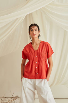 Pintucked button down top-Orange Rust