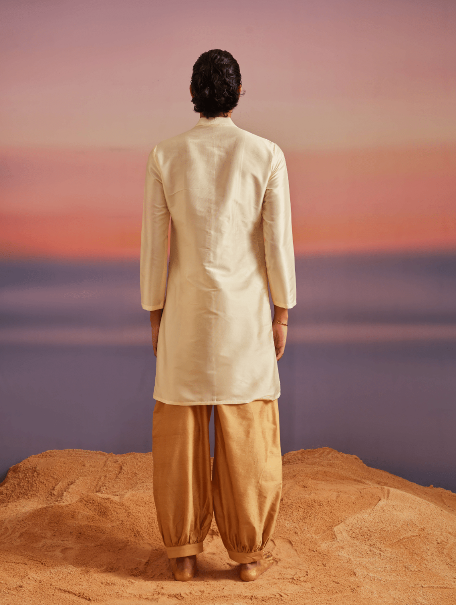 Men Ivory Button Down Banarasi Kurta With Pathani Pants