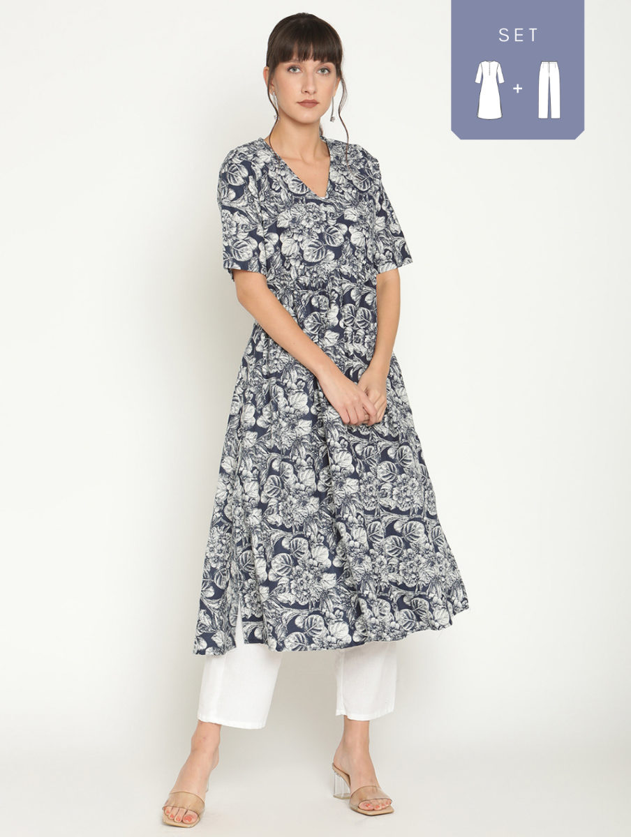 Abhishti U-waittline printed kurta with Straight pants-Blue