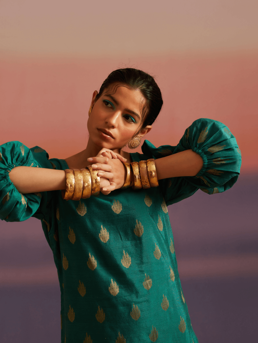 Coral Green Banarasi Kurta With Afghani Salwar
