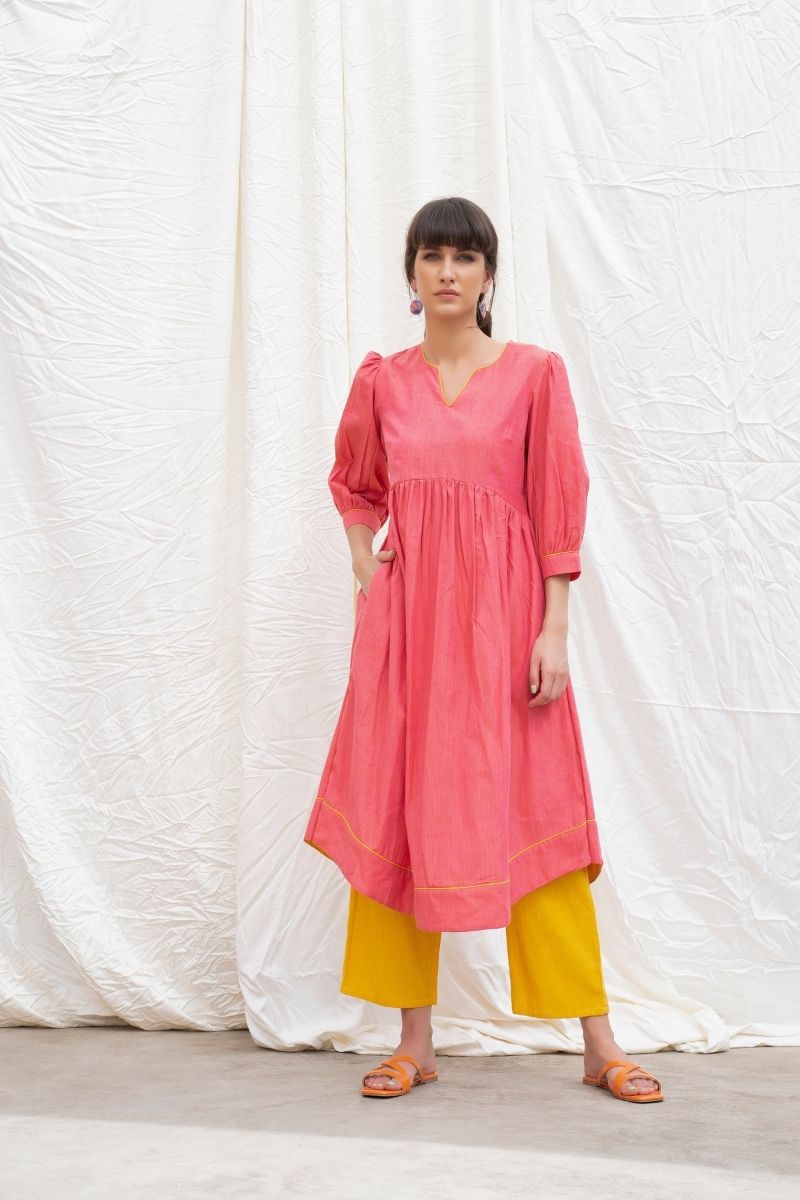 Punch Pink Mangalgiri Gathered Kurta With Pants