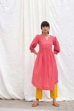 Punch-Pink Mangalgiri Cotton U-Hemline Kurta