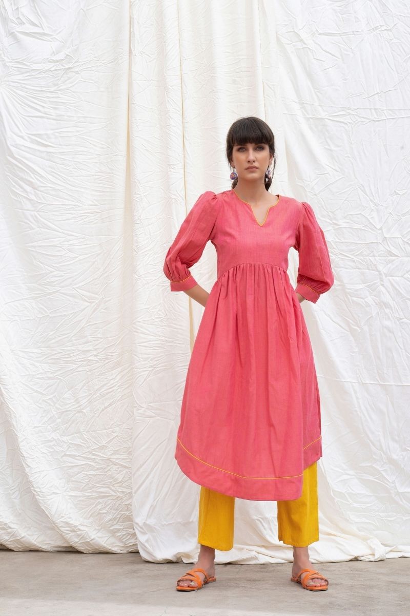 Punch-Pink Mangalgiri Cotton U-Hemline Kurta