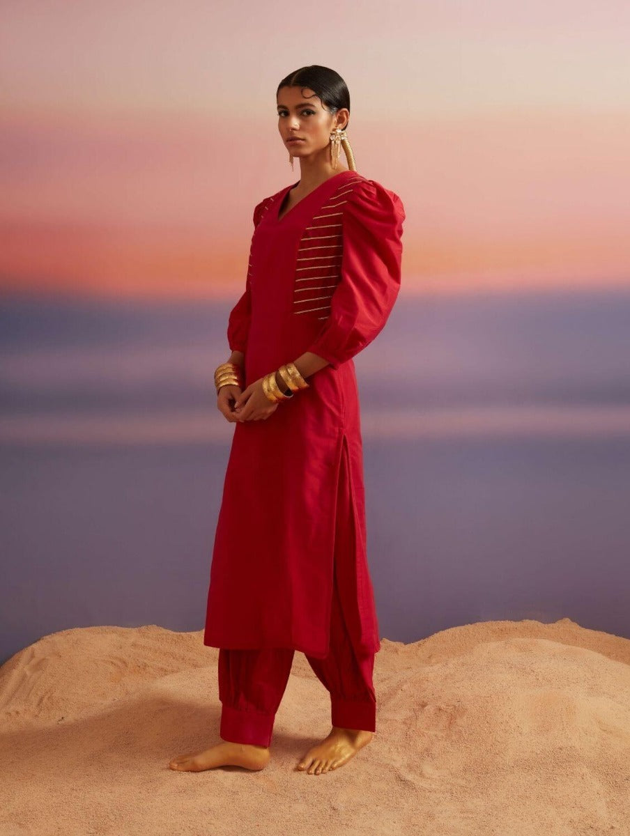 Coral Red Banarasi Straight Kurta With Afghani Pants