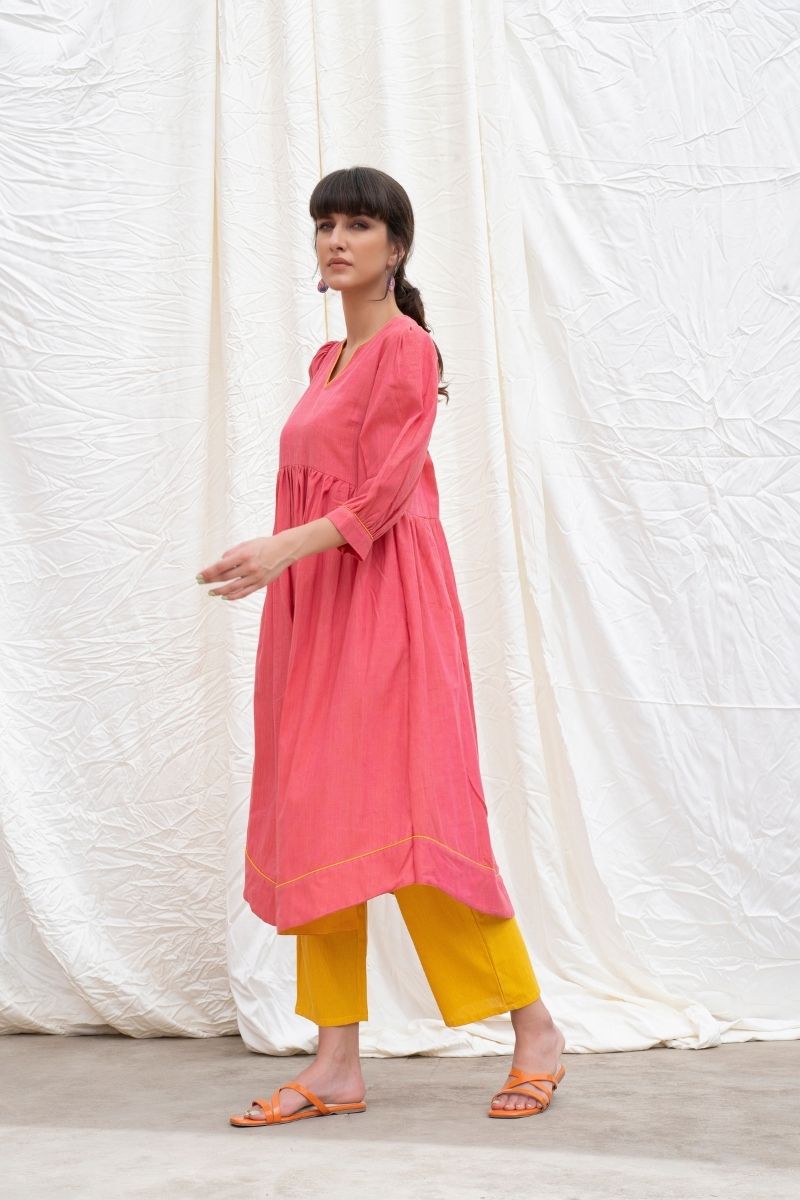 Punch Pink Mangalgiri Gathered Kurta With Pants