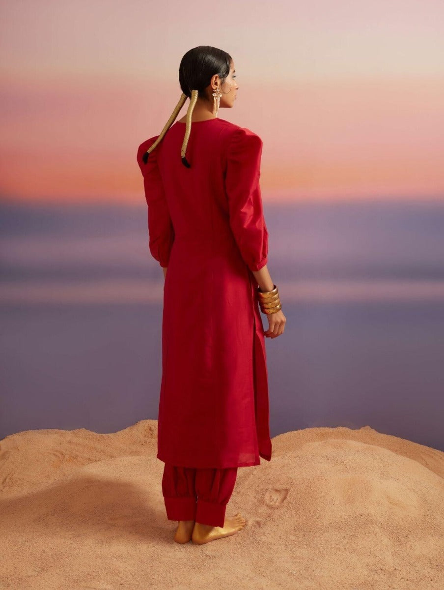 Coral Red Banarasi Straight Kurta With Afghani Pants