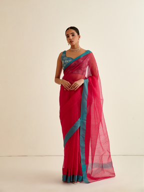 Banarasi woven sari with contrasting border- Ruby Pink